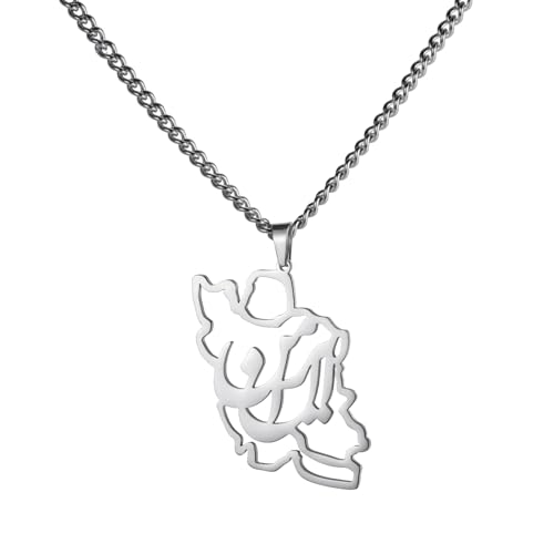 LIKGREAT Iran Map Necklace with Persian Calligraphy Stainless Steel Iranian Cultural Farsi Script Pendant Necklace Patriotic Peace Jewelry - color: 1-sliver