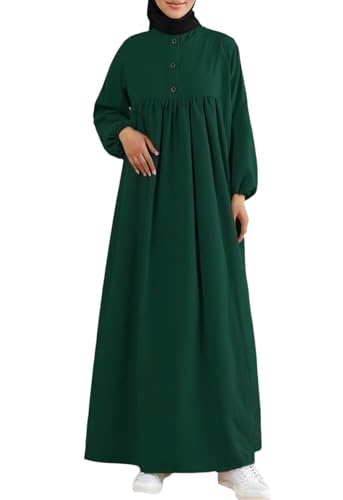 Womens Abaya Muslim Prayer 2 Pockets Long Sleeve Front Button Maxi Dresses Casual Islamic Clothes - color: Dark Green, size: Medium