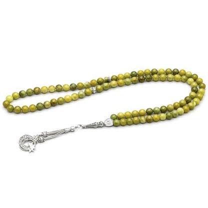 Amazing Gemstone Green Jade Tasbeeh with Moon and Star Charm - Certified Crystal Muslim Prayer Beads Natural Gemstone Tasbih Gift for Ramadan Dhikr and Daily Namaz (S) - color: Green Jade