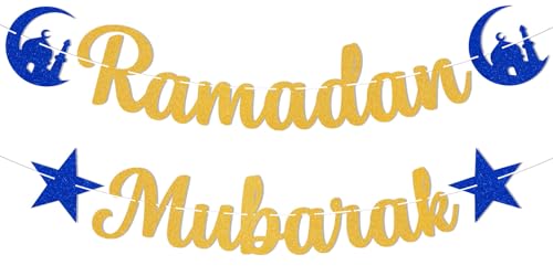 Ramadan Mubarak Banner - Ramadan Mubarak Party Decorations, Ramadan Kareem Decor, Muslim Islamic Festival Party Decorations Gold Blue Glitter