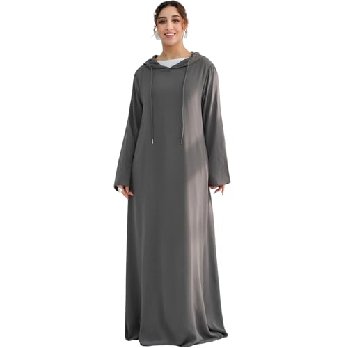 Muslim Abaya Dress for Women Lightweight Hoody Pockets Islamic Prayer Robe - color: Dark Gray, size: X-Large