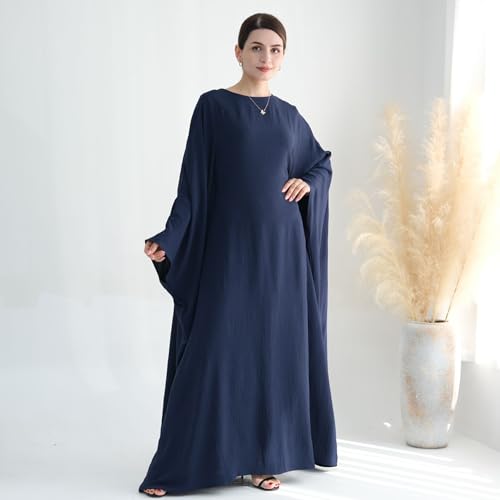 Women Muslim Abaya Dress 1Piece Bat Sleeve Islamic Maxi Robe Fashion Jilbab for Women Eid Kaftan Muslim Robe - color: Navya, size: Medium