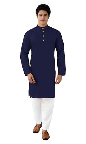 Chandrakala Men's Tunic Cotton Kurta Pajama Set Indian Casual Yoga Dress (MK101) - color: Navy Blue-112, size: XX-Large