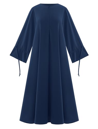 ABEWIP Muslim Dresses for Women Long Sleeve Tie Cuffs Islamic Prayer Dress Abaya Kaftan Dubai Casual Dress - color: Navy Blue, size: Small