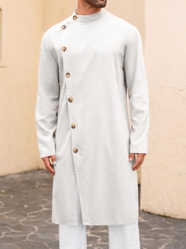 Runcati Mens Kaftan Thobe Button Down Long Sleeve Robe Casual Henley Shirt Cotton Muslim Gown Kurta Tops - color: White, size: X-Large