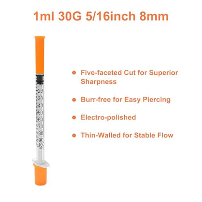 U-100 1cc 31G 5/16''(8mm), Individual Wrapped,30 Pack - size: 1ml 31G 5/16"