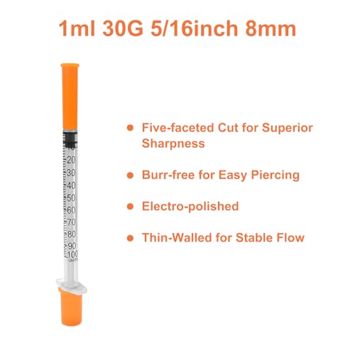 U-100 1cc Syringes with Needle 30G 5/16''(8mm), Disposable Syringes, Individual Wrapped Pack of 30 - size: 1ml 30G 5/16"