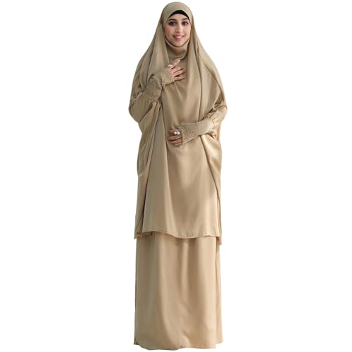 Muslim Women Abaya Two Pieces Set Prayer Dress Elasticated Sleeves Islamic Robe Modest Full Cover Prayer Clothes - color: Apricot