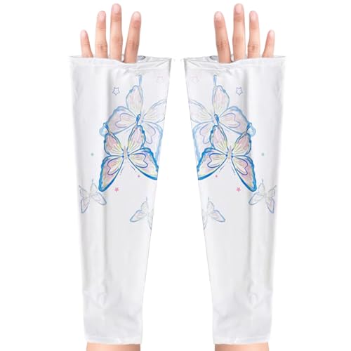 OULIGET Sun Protection Cooling Sleeves,Anti-slip Gardening Arm Sleeves,Loose Large Opening Butterfly Boho UV Cover for Women - color: Blue