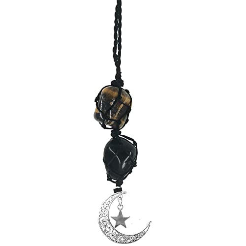 Crystals Tiger Eye Stone Cute Boho Car Mirror Hanging Accessories for Women and Men,Car Charm for Rear View Mirror Wall Door Ornaments Decor with Moon and Star - color: Tiger Eye-obsidian