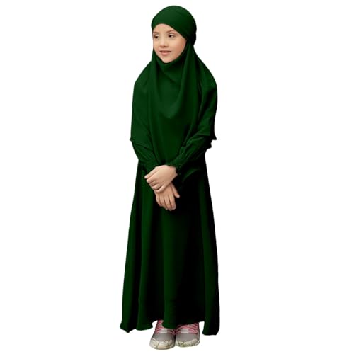 Muslim Dress for Girls Prayer Abaya with Hijab Toddler Islamic Cardigan Clothes Kaftan Robe Maxi Dresses Ramadan - color: Green, size: 5-6 Years