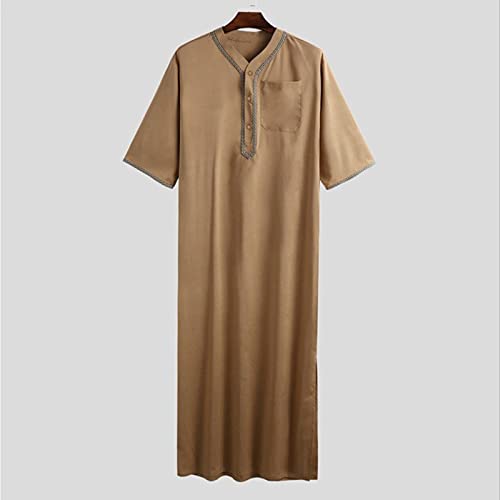Thobe for Men Muslim Islamic Robe Kaftan Long Sleeve Jubba Arabic Dress Big and Tall Loose Fit Casual Gown A6 - color: Khaki, size: 4X-Large