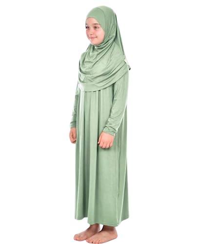 Prien Kids Prayer Dress Muslim Clothes for Girls Long Sleeve Abaya with Hijab Two Piece Maxi Islamic Set Scarf Kaftan Jilbab - color: Mint