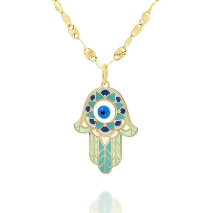 14K Solid Gold Pendant Necklace Hand-Painted Abstract Hamsa Hand and Allah Calligraphy (Evil Eye) - Gift for Men, Women, Daughter, Son, Unisex Adults, Kids - color: Green Evil Eye in Hamsa Hand, style: Pendant w/ Cuban Link 18"