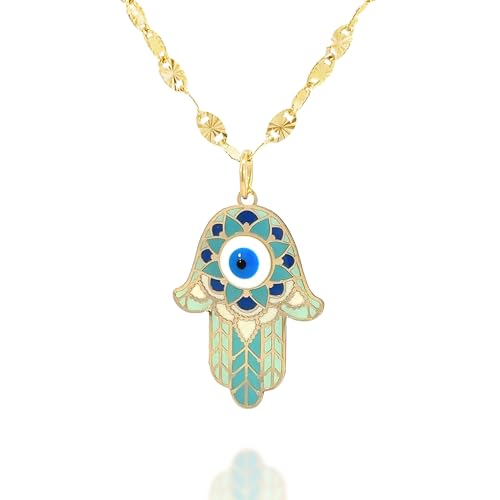 14K Solid Gold Pendant Necklace Hand-Painted Abstract Hamsa Hand and Allah Calligraphy (Evil Eye) - Gift for Men, Women, Daughter, Son, Unisex Adults, Kids - color: Green Evil Eye in Hamsa Hand, style: Pendant w/ Cuban Link 18"