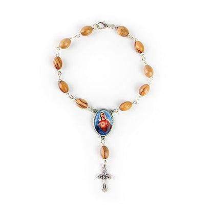Olive Wood Car Rosary for Rearview Mirror from The Holy Land of Bethlehem - Auto Rosary with Immaculate Heart Medal & Crucifix Cross Charm - 7" Pocket Rosary Beads for Hanging - color: Immaculate Heart