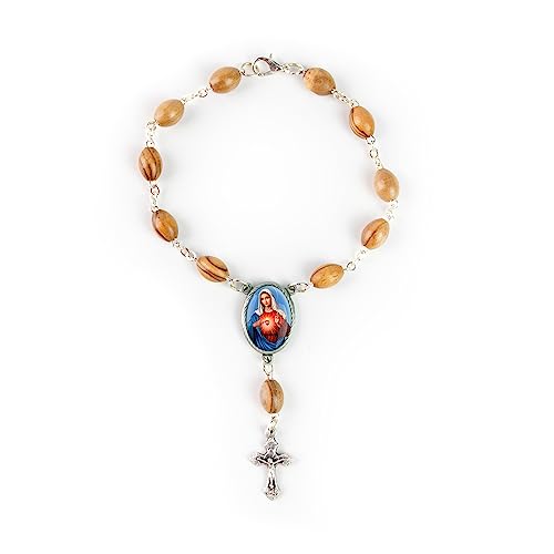 Olive Wood Car Rosary for Rearview Mirror from The Holy Land of Bethlehem - Auto Rosary with Immaculate Heart Medal & Crucifix Cross Charm - 7" Pocket Rosary Beads for Hanging - color: Immaculate Heart