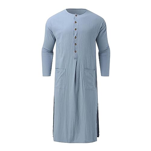 Muslim Thobe for Men Button Down Kaftan Long Sleeve Long Gowns Solid Sleep Shirts Robes with Pockets Side Split - color: Blue, size: X-Large