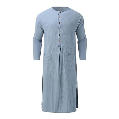 Muslim Thobe for Men Button Down Kaftan Long Sleeve Long Gowns Solid Sleep Shirts Robes with Pockets Side Split - color: Blue, size: Large