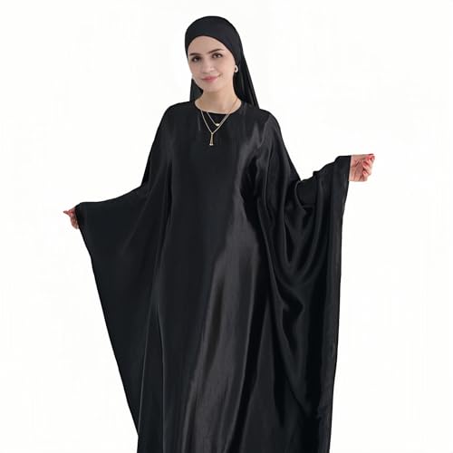 Abaya Muslim Women Dress Satin Batwing Sleeve Kaftan Maxi Arabian Dubai Islamic Ramadan Prayer Dress with Hijab Scarf - color: Black