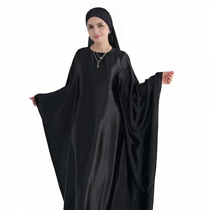 Abaya Muslim Women Dress Satin Batwing Sleeve Kaftan Maxi Arabian Dubai Islamic Ramadan Prayer Dress with Hijab Scarf - color: Black