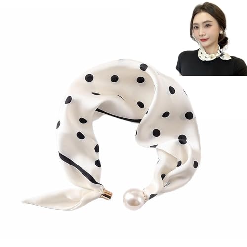 MIUPOO Magnetic Pearl Scarf,Satin Scarves for Women,Classic Printing Scarf,Elegant Neck Tie,Hair Bandanas Scarves,1 Piece. (1, white) - color: white