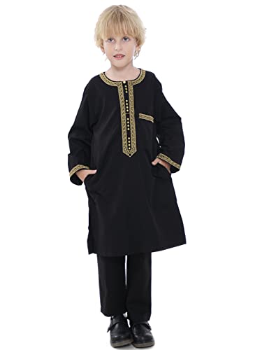 Boy's Muslim Clothing Kaftan Set - Middle East Youth Embroidered Robe Suit Round Neck Islamic Dress Arabic Wear - color: Black, size: 7