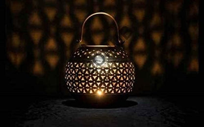 eTroves Handmade Moroccan Lanterns Hanging & Table Top Tea Light Candle Holder Round Tealight Stand for Indoor Outdoor Golden Hanging Tea Light Holder