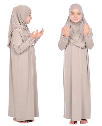 Prien Kids Prayer Dress Muslim Clothes for Girls Long Sleeve Abaya with Hijab Two Piece Maxi Islamic Set Scarf Kaftan Jilbab - color: Ecru