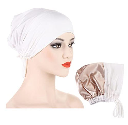 ® Soft Satin Turban Hat Inner Hijab Caps Underscarf Bonnet Hat Headwear for Cancer&Sleep - color: White Black Grey