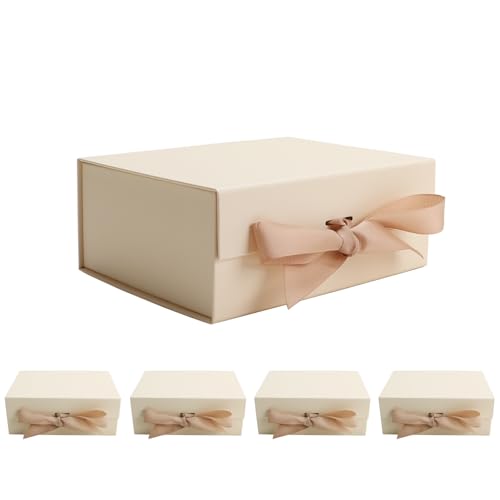 kaxilu Light yellow Gift Boxes with Ribbon Foldable Gift Boxes Set of 5 Magnetic Gift Boxes for Presentations and Groomsmen Proposal, Glossy Finish,Large-L11.5*W8.6*H4.2inch - color: Light yellow, size: Large-L11.5*W8.6*H4.2inch