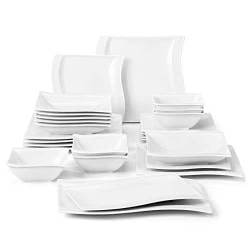 MALACASA Plates and Bowls Sets, 26 Pieces Ivory White Porcelain Dinnerware Sets without Mugs, Square Dinnerware with Dinner Plates, Bowls and Serving Platters, Modern Dish Set for 6, Series Flora - color: Ivory White, size: 26 Piece(Service for 6)