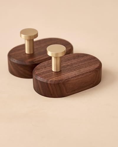 Wood Coat Hooks Wall Mount - Modern Walnut Coat Hook with Bronze Accent for Hanging Clothes,Keys,Purse,Robes,Towel,Backpacks, Single Brass Wall Hooks Heavy Duty for Entryway, Closet, Bathroom (2 Pack) - style: 2 Pack