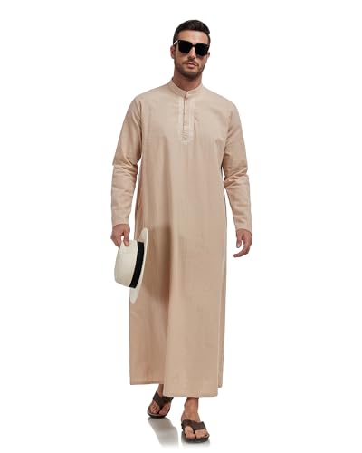 Jacansi Men's 65% Cotton 35% Linen Kaftan Robe, Henley Button Down Thobe, Long Sleeve Casual Gown with Pockets - color: Khaki, size: X-Large