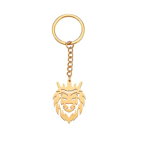 Dreamtimes Lion With King Crown Keychain for Men Stainless Steel Lion Punk Rock Keychain Bag Car Key Pendant Keychain - color: Gold-1