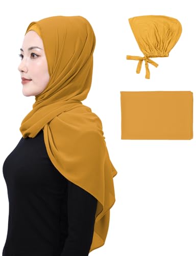 Matched Hijab and Undercap Set, Chiffon Muslim Head Scarf for Women, A Perfectly Decent Combination - color: Mustard
