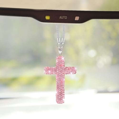ZIMISI Bling Cross Car Hanging Ornament, Crystal Rhinestone Car Rearview Mirror Pendant for Women, Diamond Rear View Mirror Charm Present, Universal Vehicle Interior Decoration Accessory (Pink) - color: Pink