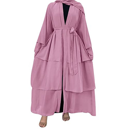 Muslim Chiffon Abaya for Women Open Front Cardigan Modest Dress with Hijab Scarf Middle East Arabian Robe Islamic Long Dress - color: Rose Pink, size: Small
