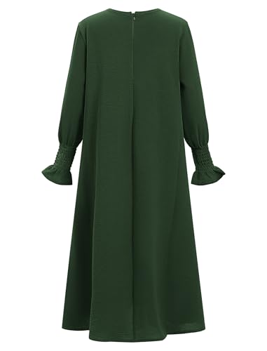 IDOPIP Muslim Dress for Girls Islamic Prayer Abaya Smocked Long Sleeve Kaftan Robe Dresses with Hijab Ramadan Dubai Outfits - color: Dark Green, size: 9-10 Years