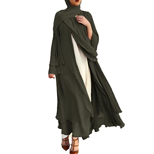 Muslim Abaya Dress for Women - Long Sleeve Islamic Dubai Abaya Cardigan Robe - Middle East Prayer Dress with Hijab - color: Army Green, size: Small