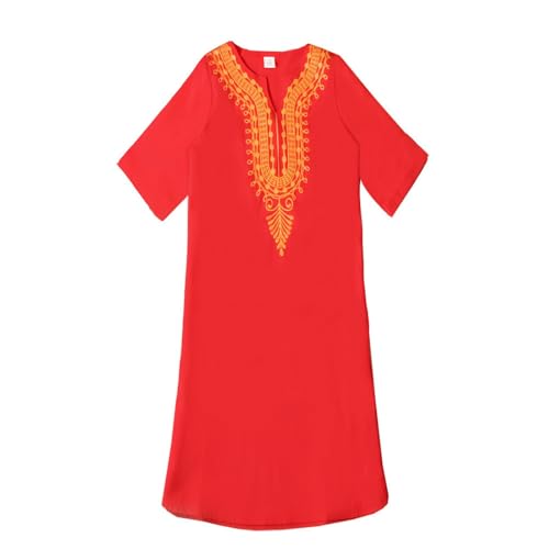 Kids Muslim Short Sleeve Thobe Islamic Boys Lace Embroidery Kaftan Thobes Toddler Soft Abaya Prayer Pullover Clothes - color: Red, size: 18-24 Months