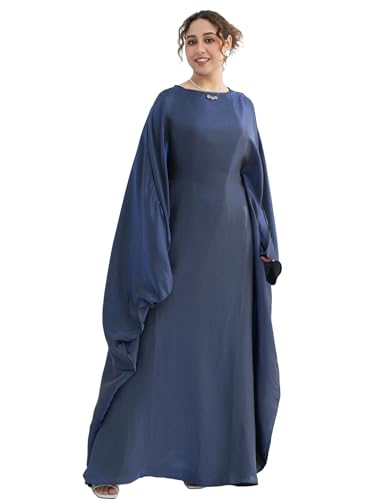 Dubai Bat Sleeve Dress Shiny Robe for Women Muslim 1pc Abaya Eid Prayer Clothes Soft Dubai Travel Party Dress Maxi Abaya - color: Navya, size: Medium