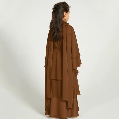 Kids Abayas Dress for Girls Muslim Dress with Hijab Chiffon Layered Islam Kaftan Robe Open Front Cardigan Prayer Dress - color: Coffee, size: 4-5 Years