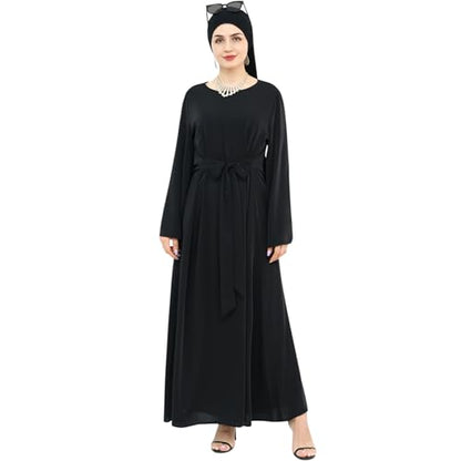 khalat Muslim Abaya Dress Women Solid Color Modest Prayer Robe Islamic Dubai Long Sleeve Lightweight Maxi Dress - color: Black, size: Medium