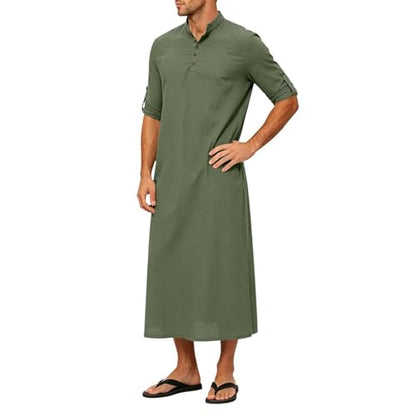 Men's Linen Kaftan Robe Button Down Long Sleeve Henley Collar Cotton Thobe Casual Loose Fit Stylish Gown Shirts - color: Army Green, size: Small