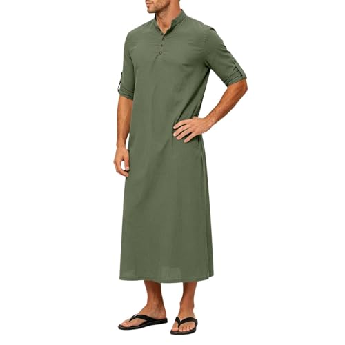 Men's Linen Kaftan Robe Button Down Long Sleeve Henley Collar Cotton Thobe Casual Loose Fit Stylish Gown Shirts - color: Army Green, size: Medium