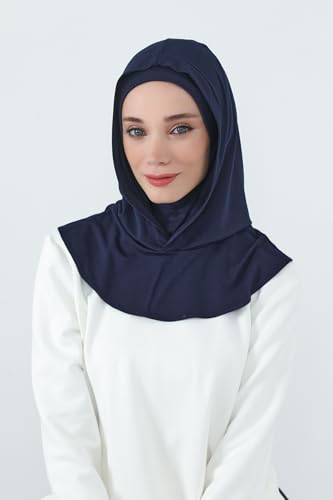 Aisha's Design Full Coverage%95 Cotton Bonnet for Women, Ready-to-Wear Hijab Bonnet Headscarf with Neck Coverage - color: Navy Blue