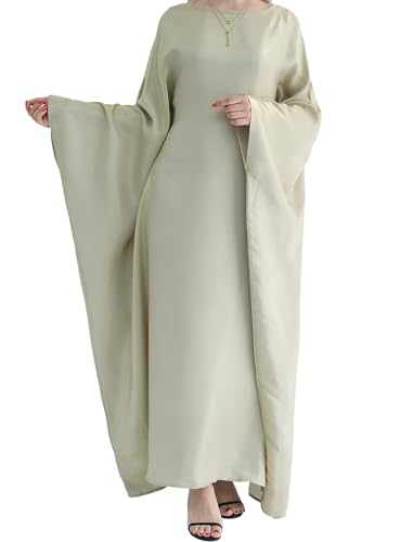 Dubai Bat Sleeve Dress Shiny Robe for Women Muslim 1pc Abaya Eid Prayer Clothes Soft Dubai Travel Party Dress Maxi Abaya - color: Beigea, size: Medium
