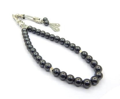 Perlin Muslim Prayer Beads 33 Bead Black Hematite Tasbih – Islamic Misbaha Subha Dhikr Beads with 8 mm Hematite Gemstone Beads and 925 Sterling Silver Imam, Ottoman Style Prayer Rosary, 26 cm
