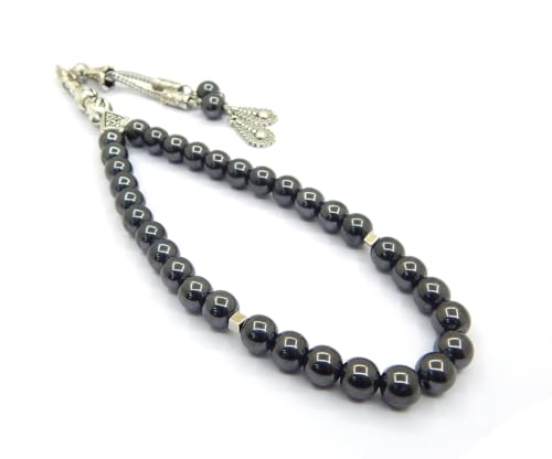 Perlin Muslim Prayer Beads 33 Bead Black Hematite Tasbih – Islamic Misbaha Subha Dhikr Beads with 8 mm Hematite Gemstone Beads and 925 Sterling Silver Imam, Ottoman Style Prayer Rosary, 26 cm